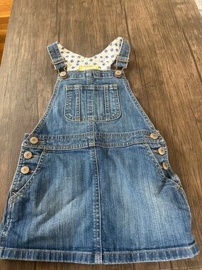 Mini Boden Blue Denim Overall Dress with Polka-Dot Lining